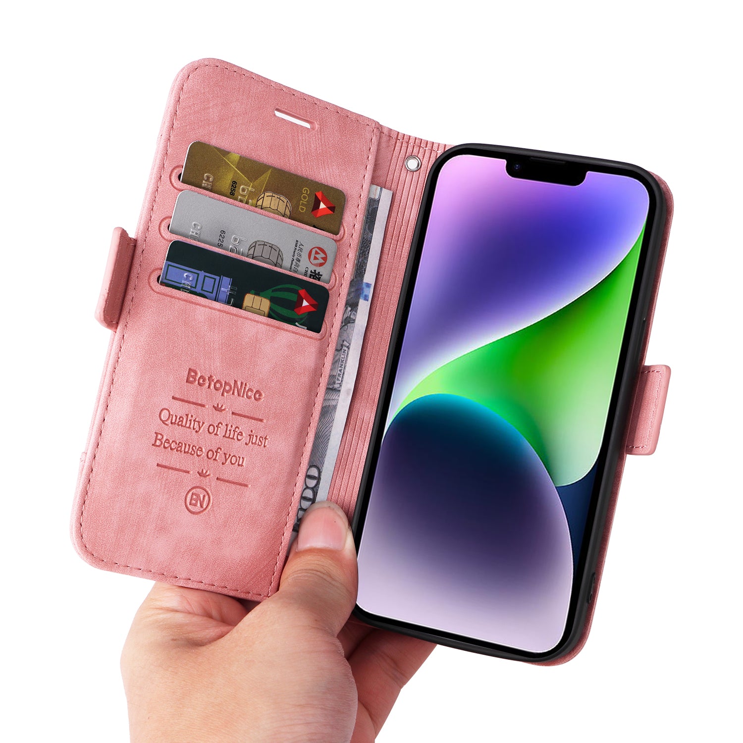 Uniqkart 001 For iPhone 15 Plus Shockproof PU Leather Stand Cover Multifunction Wallet Cell Phone Case - Pink Uniqkart 001 For iPhone 15 Plus Shockproof PU Leather Stand Cover Multifunction Wallet Cell Phone Case - Pink